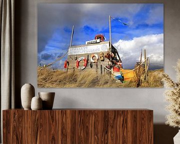 Red, white and blue still life of beach jute items in the dunes by Ans Houben