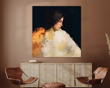 Modern abstract portrait of a woman in pastel ocher, yellow, brown and white by Dina Dankers