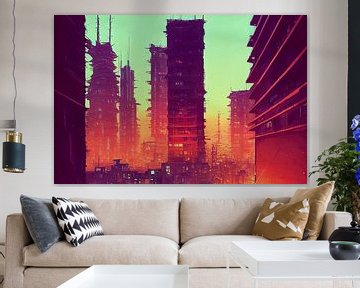 Golden hour in Neo-Megacity van Josh Dreams Sci-Fi