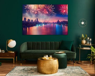 Feuerwerk über der Stadt mit Fluss Wallpaper von Animaflora PicsStock