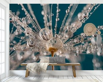 Abstraction: droplets hanging from the hairs of a fluff (with turquoise) by Marjolijn van den Berg