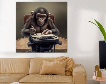Portret van een chimpansee bij een oude typemachine van Animaflora PicsStock