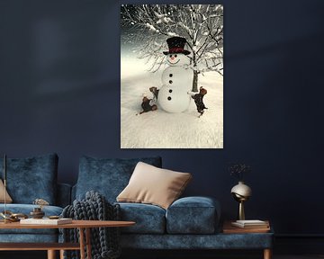 Kersttijd met een sneeuwpop en kleine hondjes van Jan Keteleer
