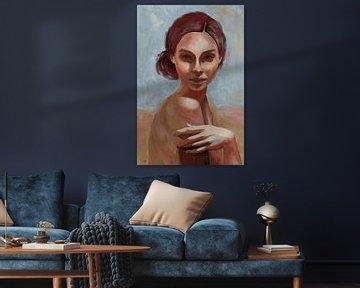 Peinture d'une femme dans des tons pastel. sur Hella Maas