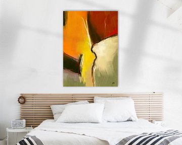 Abstracte kleuren, schilderij  met oranje, geel en rood van Hella Maas