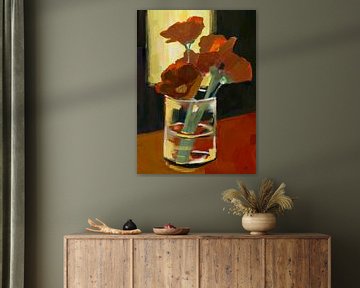 'Zonlicht in de kamer', bloemen schilderij.