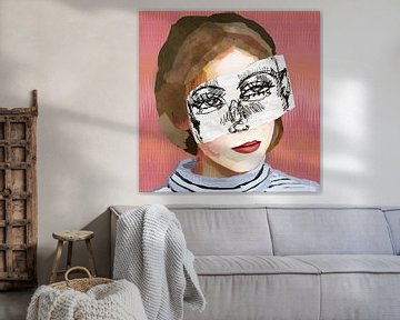 Abstract modern portret van een meisje in retro pastel roze, bruin, blauw met geometrische patronen van Dina Dankers