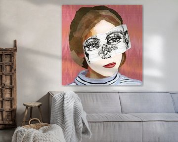 Abstract modern portret van een meisje in retro pastel roze, bruin, blauw met geometrische patronen van Dina Dankers