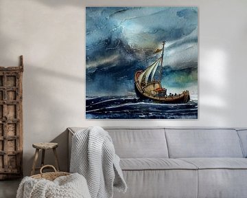 Peinture d'un navire viking lors d'une tempête sur Animaflora PicsStock