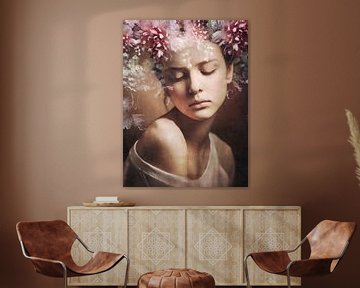 Day Dream | Portrait d'une jeune femme entourée de fleurs. sur Wil Vervenne