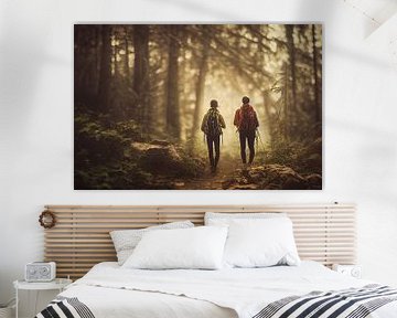 Jeune couple se promenant dans une forêt automnale avec du brouillard Illustration sur Animaflora PicsStock