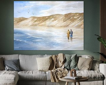 Deux personnes marchant le long de la plage et des dunes de la mer du Nord néerlandaise.  - Aquarell sur Galerie Ringoot