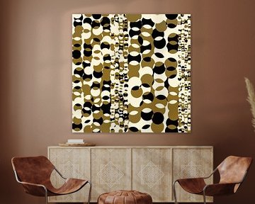 Golden Bubbles II. Abstracte geometrische kunst in donker goud, zwart en wit