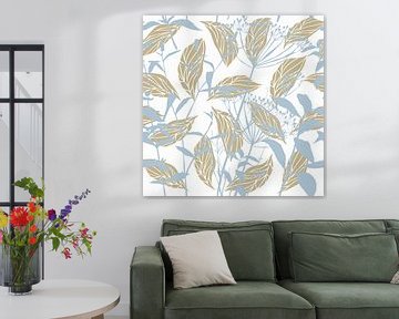 Botanica Delicata. Abstracte Retro bloemen en bladeren in wit, helder hemelsblauw, wild wonder bruin van Dina Dankers