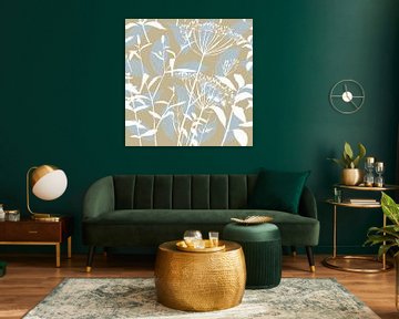 Botanica Delicata. Abstract Retro Flowers and Leaves in  beige, blue and  white by Dina Dankers