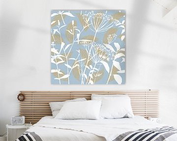 Botanica Delicata. Abstract Retro Flowers and Leaves in blue, white and dark gold by Dina Dankers