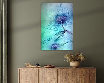 Bleu III - plante et fleur en lignes - encre à alcool numérique sur Lily van Riemsdijk - Art Prints with Color