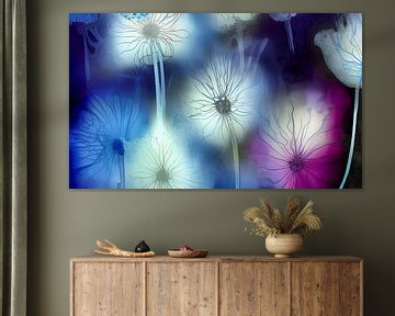 Blauw VII - bloem en lijnen - alcohol inkt digitaal van Lily van Riemsdijk - Art Prints met Kleur