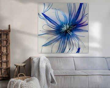 Blauw VIII - lijnen spel  met paars en wit - bloem van Lily van Riemsdijk - Art Prints with Color