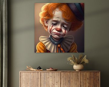 Weinender Clown mit roten Haaren und einem Halsband von Anne Loos