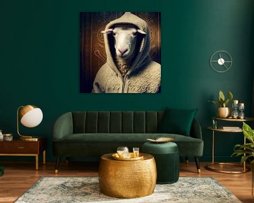 Portrait of sheep in wool jumper by Vlindertuin Art