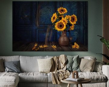 A still life of sunflowers and bees by Cindy Dominika