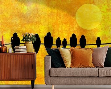 Vögel in einer Reihe, Sonnenuntergang