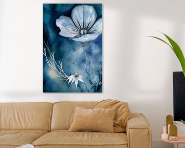 Blauw XIV - witte bloem in blauw van de nacht van Lily van Riemsdijk - Art Prints with Color