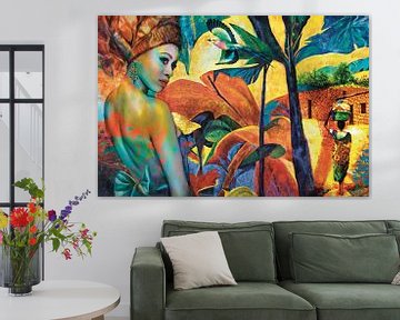 Colourful  African Life in a jungle. Mixed media /techniek