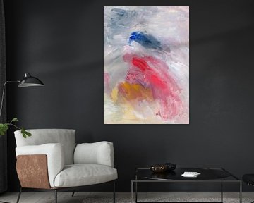 Gaudete. Abstract painting in pastel yellow, red, blue, grey, purple, white by Dina Dankers