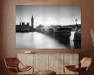 Big Ben avec le pont de Westminster à Londres. Noir Blanc sur Manfred Voss, Schwarz-weiss Fotografie