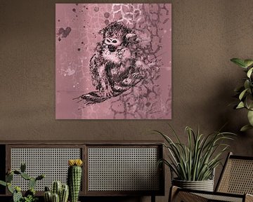 Tekening van een aapje in roze en zwart van Emiel de Lange