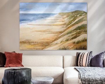 Nederlands Noordzee strand met paalhoofden en duinen - Aquarel door Hans sturris