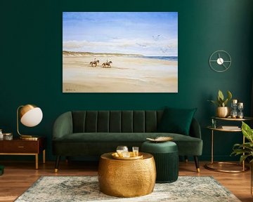 Two horsemen on the beach of Texel. Watercolour landscape. by Galerie Ringoot