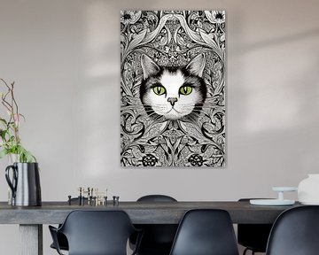 Black and white cat illustration with green eyes by Lily van Riemsdijk - Art Prints with Color