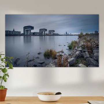 Kranhäuser (crane houses) and skyline of Köln (Cologne) on the Rhine river