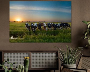 Coucher de soleil avec des vaches dans le polder sur Martin Bredewold