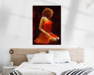 Vrouw schilderij, schilderij van een vrouw in een rode jurk. van Hella Maas