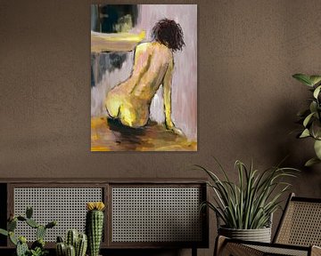 Naakte vrouw, modern schilderij in geel en paars. van Hella Maas