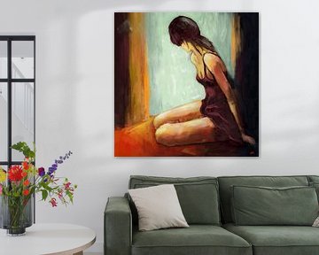 Modern schilderij woonkamer, sexy vrouw schilderij. van Hella Maas