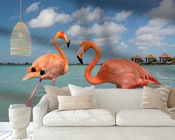 Twee Flamingo's op een tropisch eiland (Flamingo, Aruba) van Elles Rijsdijk