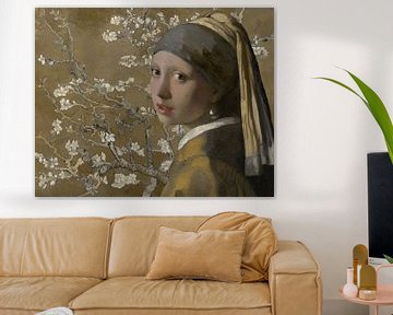 Mädchen mit einem Perlenohrring - Mandelblüte, gold von Digital Art Studio