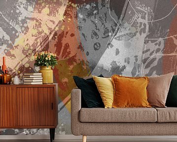 Abstrakte botanische Blätter im Retro-Stil in Taupe, Gold, Rot, Silber und Grau von Dina Dankers