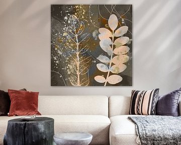 Abstracte retro botanische bladeren in bruin, goud, wit, zilver, roest van Dina Dankers