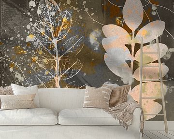 Abstrakte botanische Blätter im Retro-Stil in Braun, Gold, Weiß, Silber und Rost von Dina Dankers