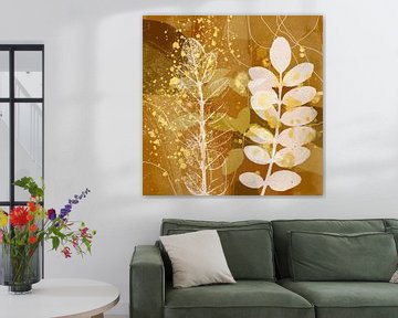 Abstracte retro botanische bladeren in goud, geel, bruin, roest