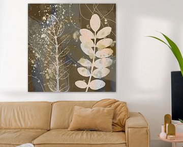Abstract retro botanical leaves in brown, taupe, grey, silver, beige by Dina Dankers