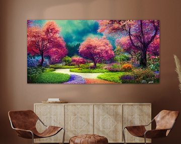 Panorama Paysage de jardin enchanteur avec des fleurs et des arbres colorés sur Animaflora PicsStock