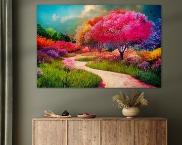 Un paysage de jardin enchanteur avec des fleurs et des arbres colorés sur Animaflora PicsStock