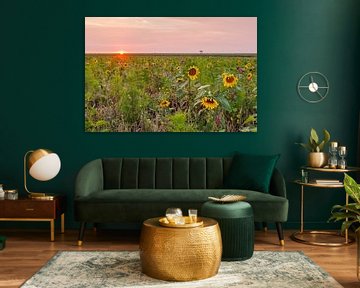 Sea of flowers at dike temple with sunset by Anja Brouwer Fotografie